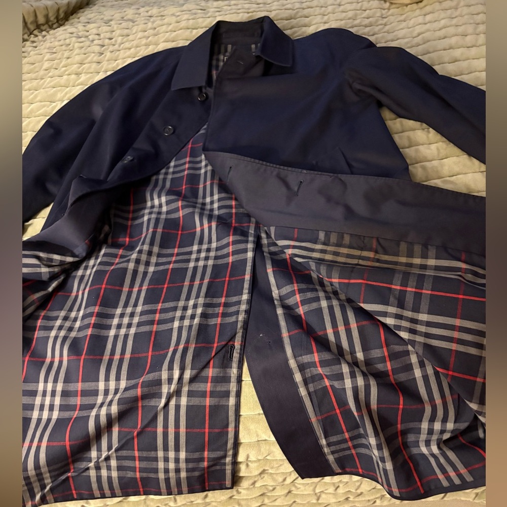 Burberry, Vintage, All Gender Navy Overcoat with Red and Gray Plaid Lining